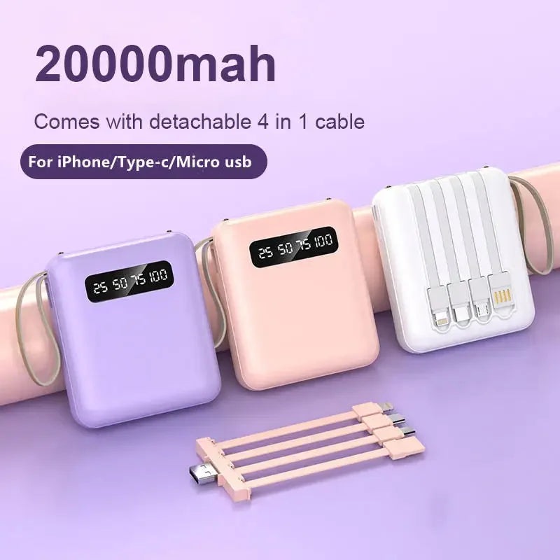 Mini Carregador Portátil 20000Mah - Com 4 Cabos Embutidos